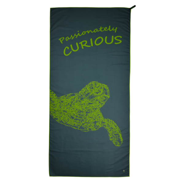 CANYLA XL Microfiber Beach Towel, flat, green, showing text "Passionately CURIOUS", and the drawing of a turtle.