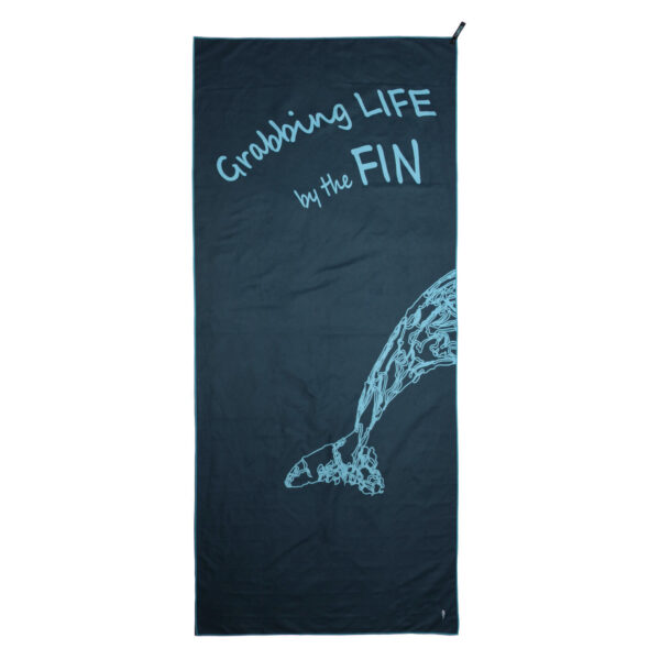 CANYLA XL Microfiber Beach Towel, flat, blue, showing text "Grabbing LIFE by the FIN", and the drawing of tail of a humpback whale.